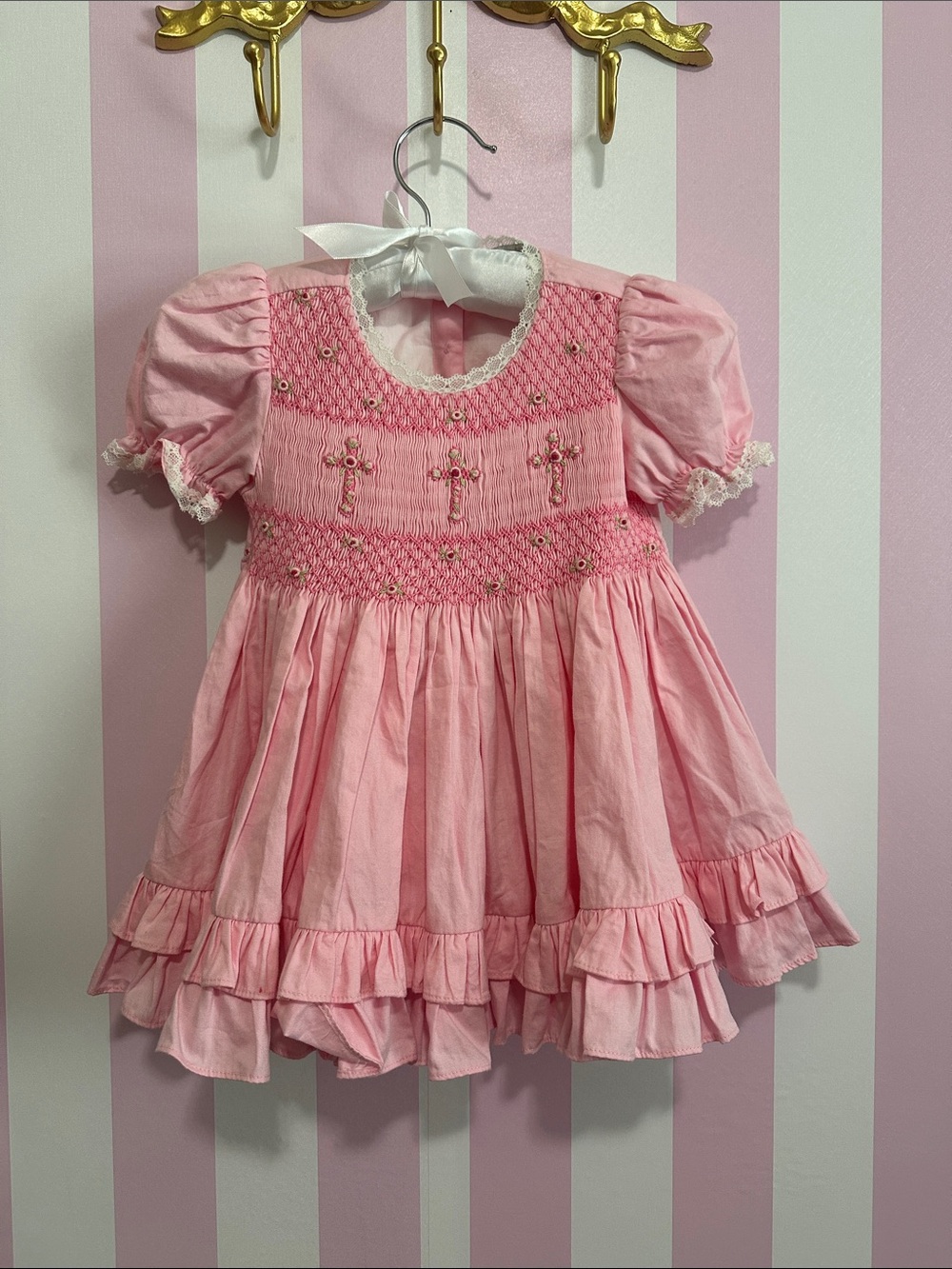 Pink Smocked Dress with Cross Embroidery